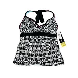 Beach Native Tankini Top Halter Black White Floral Swim Top Size 36D/DD Wired